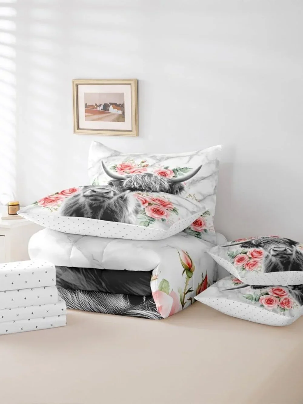 Highland Cow Flower Full Comforter Set with Sheets 7 Piece Rose Grey Marble Bed